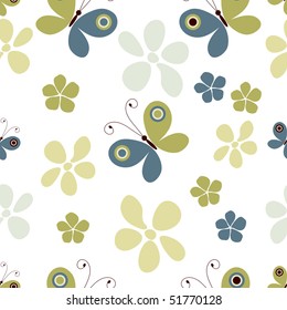 Seamless pastel pattern with butterflies and flowers  (vector)
