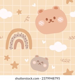Seamless pastel pattern of cute bear cartoon on soft background. Animals character design. Kawaii vector illustration. Adorable prints. Sweet rainbow.