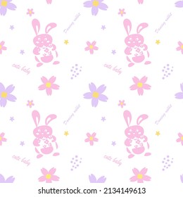 Seamless pastel pattern with cute pink bunny, flowers and cute baby lettering on a white background. Vector design for baby products, diapers, clothes, textiles, wrapping paper, prints, decorations.