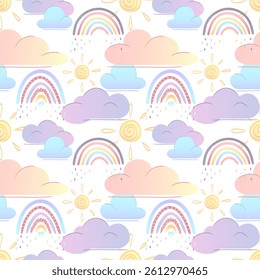 Seamless pastel pattern with cute rainbows, clouds, raindrops, and suns. Hand-drawn style perfect for kids’ products, nursery decor, baby textiles, wrapping paper, and scrapbooking. Soft dreamy colors