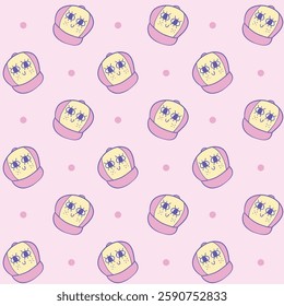 Seamless pastel pattern featuring adorable kawaii muffins with smiling faces on a soft pink background, perfect for wallpapers and cute designs, Vector Illustration