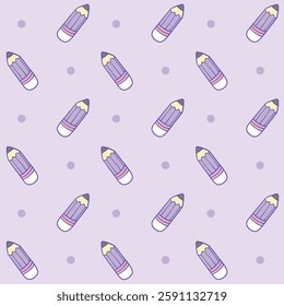 A seamless pastel pattern featuring adorable cartoon-style purple pencils on a light lavender background with polka dots, perfect for school designs, Vector Illustration
