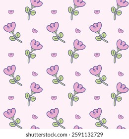 A seamless pastel pattern featuring adorable cartoon-style flowers with heart-shaped petals on a soft pink background, perfect for romantic and floral designs, Vector Illustration