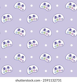 A seamless pastel pattern featuring adorable cartoon-style game controllers with smiling faces on a purple background, perfect for gaming and playful designs, Vector Illustration