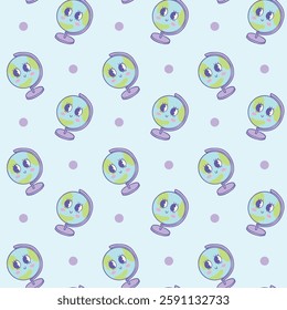 A seamless pastel pattern featuring adorable cartoon-style globes with smiling faces on a light blue background, perfect for geography and school-themed designs, Vector Illustration