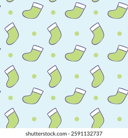 A seamless pastel pattern featuring adorable cartoon-style green socks with white cuffs on a light blue background, perfect for cozy and playful designs, Vector Illustration 
