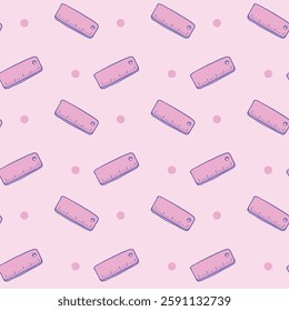 A seamless pastel pattern featuring adorable cartoon-style rulers on a pink background with polka dots, perfect for school and stationery-themed designs, Vector Illustration