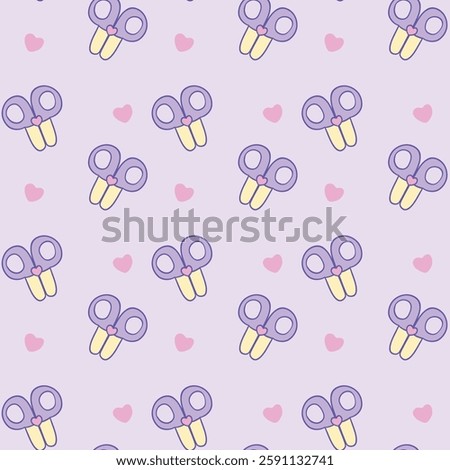 A seamless pastel pattern featuring adorable cartoon-style scissors with heart details on a light purple background with pink hearts, perfect for stationery designs, Vector Illustration