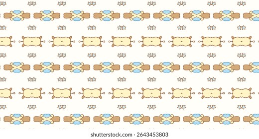 Seamless pastel pattern featuring cute teddy bear heads, blue bows, and cartoon stars. Ideal for kids' design, nursery decor, or fabric prints.