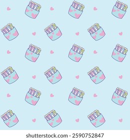 Seamless pastel pattern featuring hand-drawn French fries in heart-decorated containers on a light blue background, perfect for wallpapers and designs, Vector Illustration