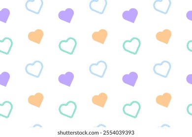 Seamless pastel pattern featuring hearts in solid and lace styles on a white background. Ideal for creative projects.