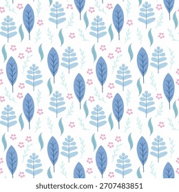 A seamless pastel pattern featuring leaves, soft sprigs, and tiny blooms. Ideal for textiles, wallpaper, and crafts