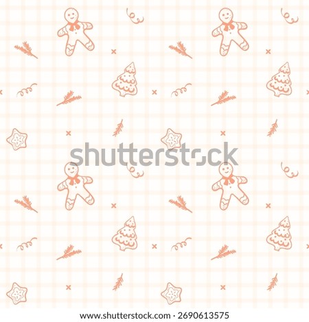 Seamless pastel pattern with gingerbread men, stars, and Christmas trees on a soft checkered background. Ideal for festive wrapping paper, aprons, and holiday textile designs.