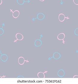 Seamless pastel pattern hand drawn of  blue and pink icons the mirror of Venus and the shield with the spear of Mars.