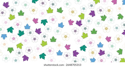 Padrão pastel sem costura de flores desenhadas à mão e folhas de bordo em várias cores. Palavras-chave: sem emenda, floral, pastel, padrão, folha.