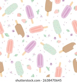 Seamless pastel pattern with hand-drawn ice cream popsicles, strawberries, mint leaves, and sprinkles. Cute summer background for kids, packaging, fabric, or digital use