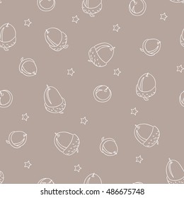 Seamless pastel pattern with line acorns and stars. Vector background.