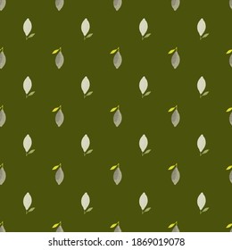 Seamless pastel pattern with little lemon doodle silhouettes on olive green background. Food healthy backdrop. Stock illustration. Vector design for textile, fabric, giftwrap, wallpapers.