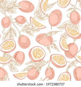 Seamless pastel pattern with passion fruits on white background. Endless repeatable texture with passionfruits and leaves for printing. Hand-drawn vector illustration of fresh tropical maracuja