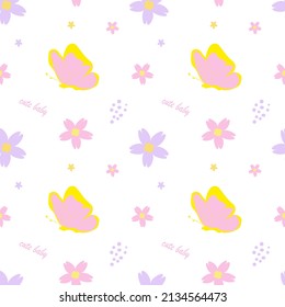 Seamless pastel pattern with pink butterflies, flowers and cute baby lettering on a white background. Vector design for baby products, diapers, clothes, textiles, wrapping paper, prints, decorations.