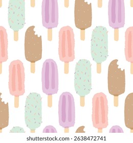 Seamless pastel pattern with repeating ice cream popsicles in soft colors. Minimal and cute design for summer-themed prints, packaging, kids' products, and digital use.