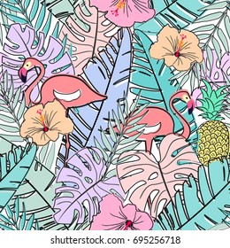 seamless pastel pattern with tropical leafs, flamingo birds , doodle vector 