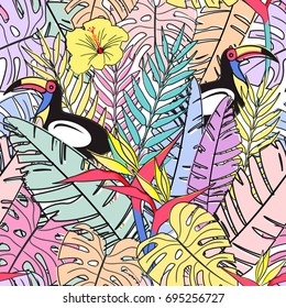 seamless pastel pattern with tropical leafs, toucan birds , doodle vector 