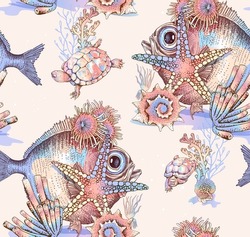 Seamless Pastel Pattern. Underwater World. Big Fish, Turtles, Jellyfish, Starfish, Algae, Corals And Shells. Textile Composition, T-shirt Design, Hand Drawn Style Print. Vector Illustration.