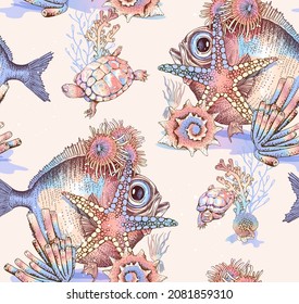 Seamless Pastel pattern. Underwater world. Big fish, turtles, Jellyfish, starfish, algae, corals and shells. Textile composition, t-shirt design, hand drawn style print. Vector illustration.