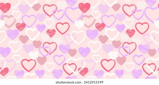 Seamless pastel pattern with vector hand drawn sketch shape hearts. Print with set creative abstract texture heart silhouettes outline. Valentine, love background. Design for textile, fashion, surface