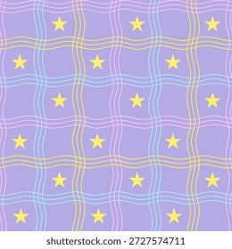 Nahtloses Pastellmuster mit wellenförmigen Gitterlinien und gelben Sternen auf weichviolettem Hintergrund. Verspieltes geometrisches Design, perfekt für Kindergewebe, Schreibwaren, Papier, Tapeten und moderne dekorative Drucke.