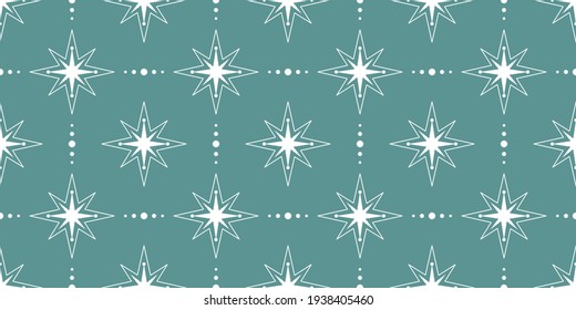 Seamless pastel pattern with white stars. Grey blue green background. Vector vintage  template for fabric or wrapping. Textile design. Child pattern. Pastel colors. Stylish background for cards. Retro