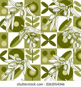 Seamless pastel pattern. Wrapping paper pattern. Scandinavian style. Tiles. Template for fabric. Stylish background for cards. Hand drawn olive with leaves.