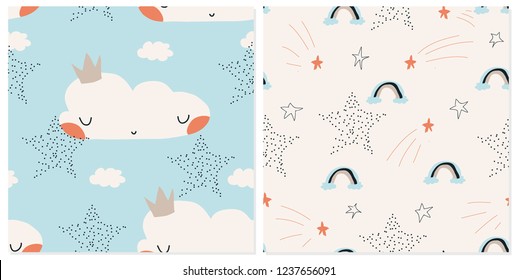 Seamless pastel patterns for childrens. Lovely doodle pattern for kids. Vector illustration. Scandinavian style pattern template for fabric, wrapping, textile.