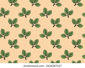 Fundo de pêssego pastel sem costura com um padrão repetitivo de folhas verdes estilizadas.  Perfeito para o design têxtil, papel de parede, marca, ou fundos do site.