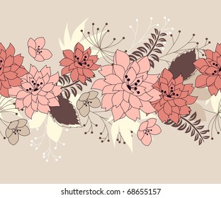 Seamless pastel pink border with forest flowers and plants