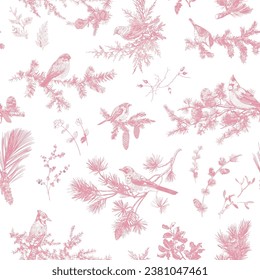 Seamless pastel pink branches and birds pattern