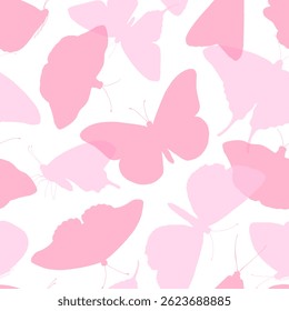 Seamless pastel pink butterfly pattern in soft silhouette style. Whimsical vector illustration with light, airy shapes perfect for baby prints, girly textiles, and spring themed decorations