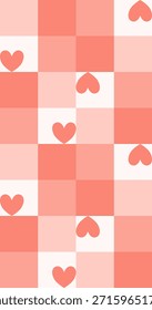 Seamless pastel pink gingham pattern featuring small heart illustrations arranged in a soft vertical layout. Flat vector background for Valentine, kids decor, fabric, and wallpaper.