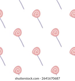 Seamless Pastel Pink Lollipop Pattern. Cute seamless pattern with pastel pink swirl lollipops on sticks. Minimal flat cartoon style, light color palette, isolated on white background.