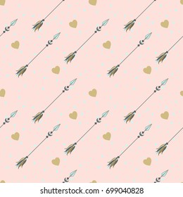 Seamless pastel pink pattern. Cute hearts and arrows background. 
