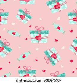 Seamless pastel pink pattern with gift boxes and sweets with red hearts for valentine happy day greetings and wrapping paper or textile. Romance repeated background for craft and wallpaper.