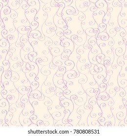 Seamless pastel pink pattern with hand-drawn strips of curls, spirals and waves 