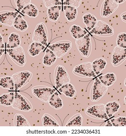 seamless pastel pink pattern from stylized leopard pattern on butterfly wings. Concept pink background tenderness, beauty, fashion. One continuous line drawing of white line and patches of animal skin