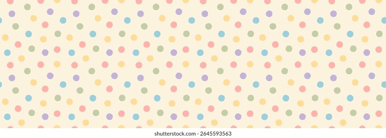 Seamless pastel polka dot pattern with soft confetti dots on beige background. Light vector for fabric, nursery decor, kids crafts, wrapping paper. Drag to swatches panel to use