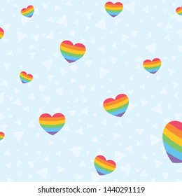 Seamless Pastel Rainbow Colored Hearts Light Blue Triangles Pale Blue Background Vector Pattern