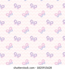 Seamless pastel repeat pattern design with wavy line background and colorful butterflies. Cute girly vector background design.