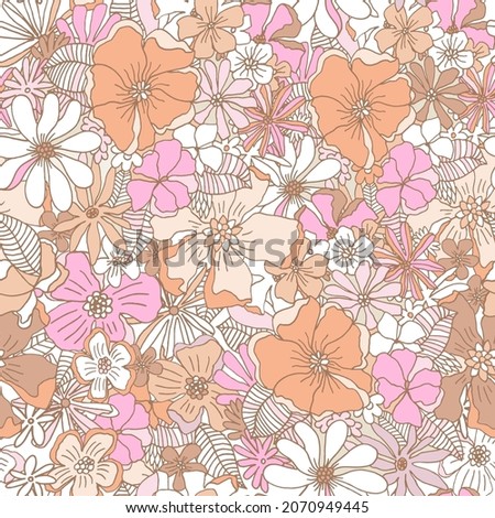 Seamless pastel retro style hand drawn floral pattern. High detailed flower 70s style texture. Vector illustration
