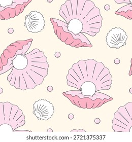 Patrón de concha pastel sin costuras con perlas en estilo coqueta suave para tela, Fondo de pantalla, decoración de vivero y marca femenina