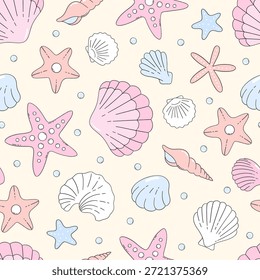 Padrão de concha de pastel sem costura e estrela-do-mar em estilo de coquette bonito para decoração de berçário, tecidos de verão, papel de parede e papelaria